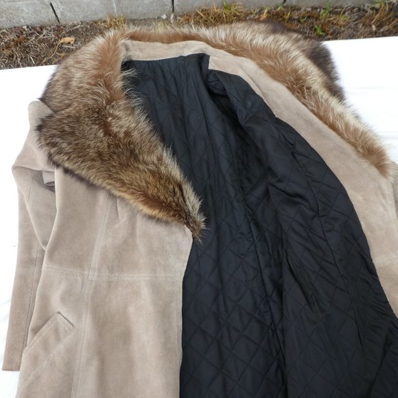 Vintage 70s Leather Hippie Coat Wide Fur Notched Collar Quilted Lining Belt M - Picture 7 of 9